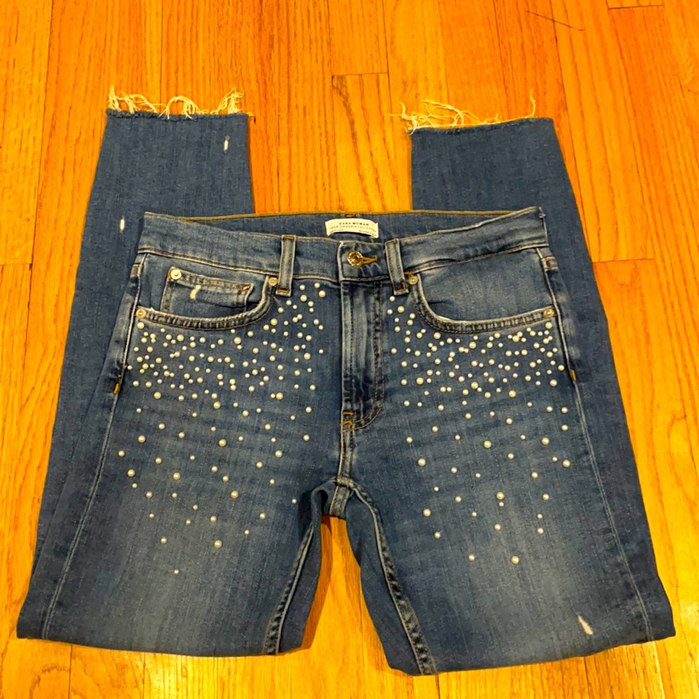 Zara Woman Denim Medium Wash High Waisted Pearl Jeans